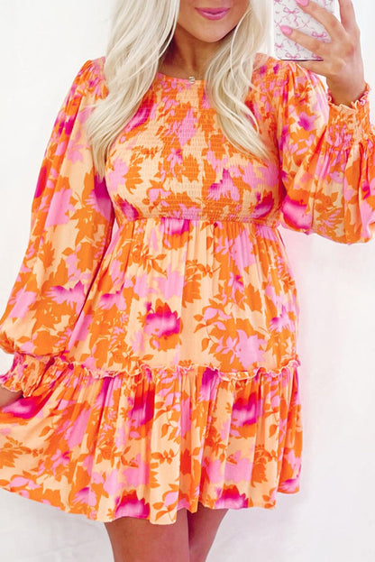 Orange Abstract Print Smocked Lantern Sleeve Ruffle Mini Dress - - Dresses/Mini Dresses