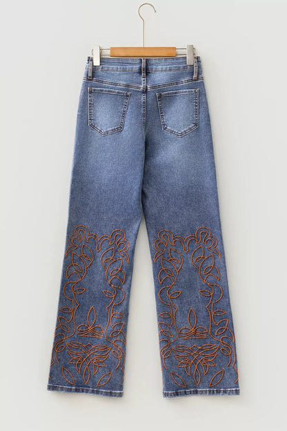 Embroidered Flare Leg Jeans - -