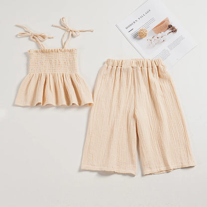 Girls Muslin Cotton Sleeveless Tank and Wide Leg Pants Beige