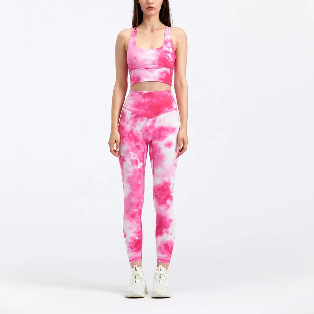 Criss-Cross Back Yoga Legging Set Tie Dye in Rose Red High Waisted Sports Wear