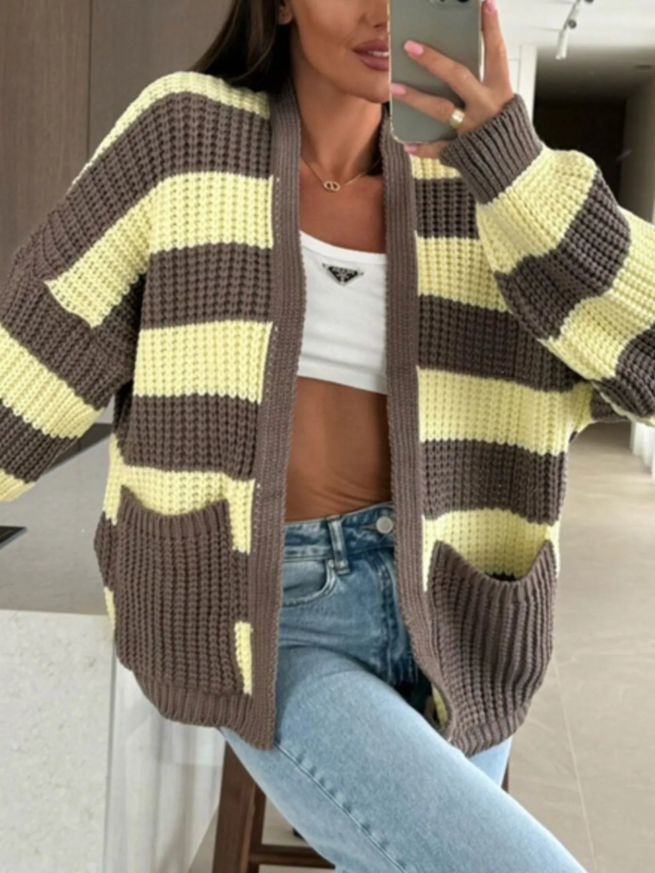 Striped Open Front Long Sleeve Cardigan - Yellow -