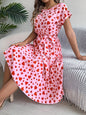 Heart Print Short Sleeve Tie Waist Dress - Strawberry -