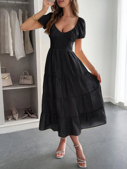 Backless Tiered Puff Sleeve Midi Dress - Black -
