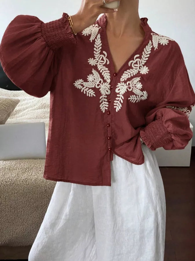 Embroidered Notched Long Sleeve Blouse - -