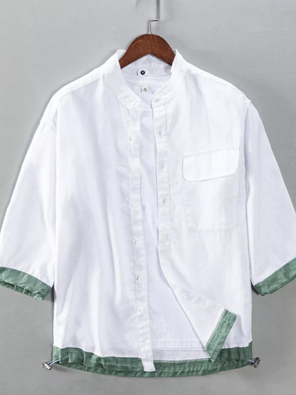 Men's Plus Size Casual Contrast Trim Half Sleeve Shirt - White -