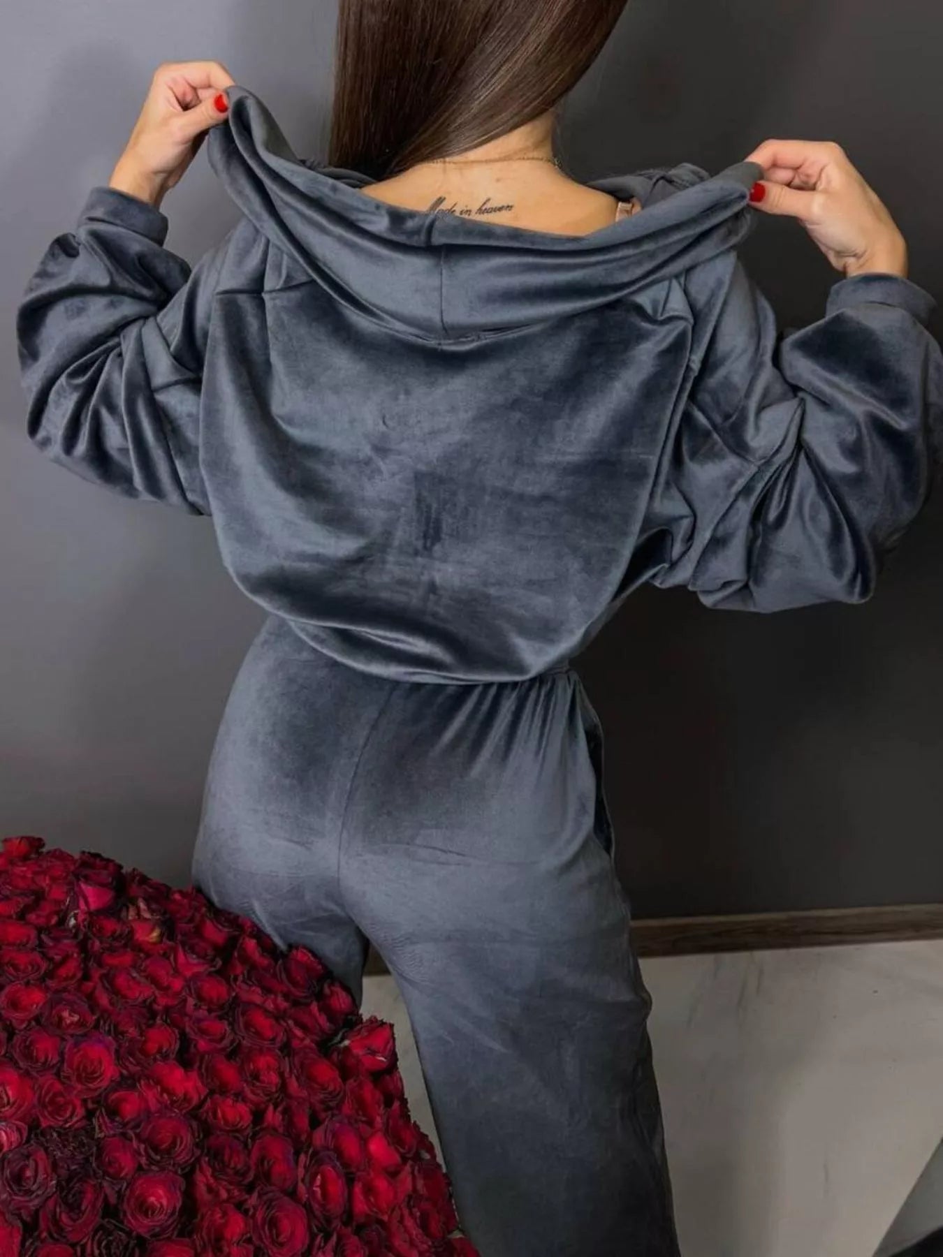 Zip Up Cropped Outerwear and Pants Set - -