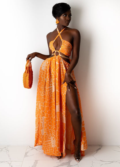 Sleeveless Print Halter Dress for Women - Orange XL - dress