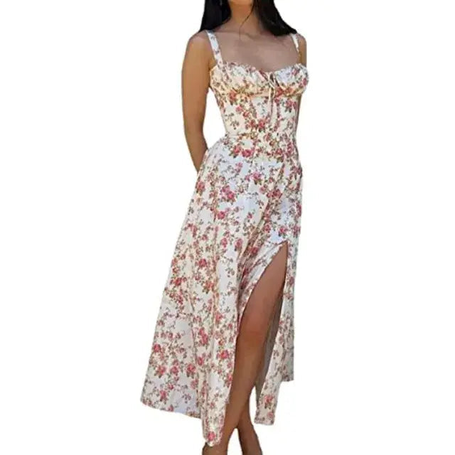 Ladies Midi Spaghetti Strap Dress - Red Floral Small - dress