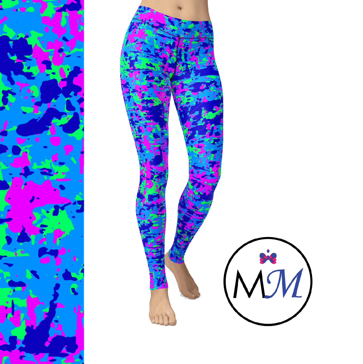 UV Reactive Blacklight Bliss Fluorescent Neon Camo Full Leggings with pockets - - Apparel