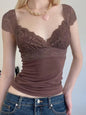 Women Summer Fairy Grunge Short Sleeve Crop Tops V Neck brown