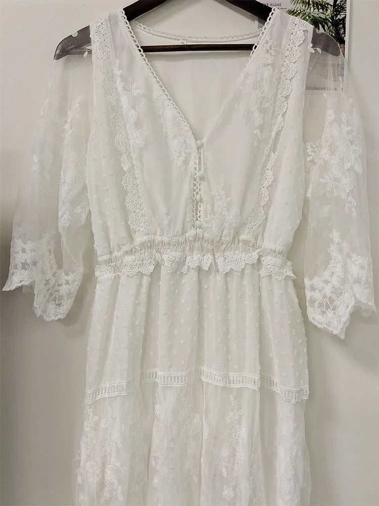 Hollow Out White Dress  Women Lace Long Dress