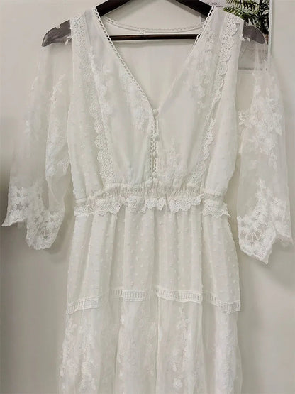 Hollow Out White Lace Long Dress - Kia Day Design