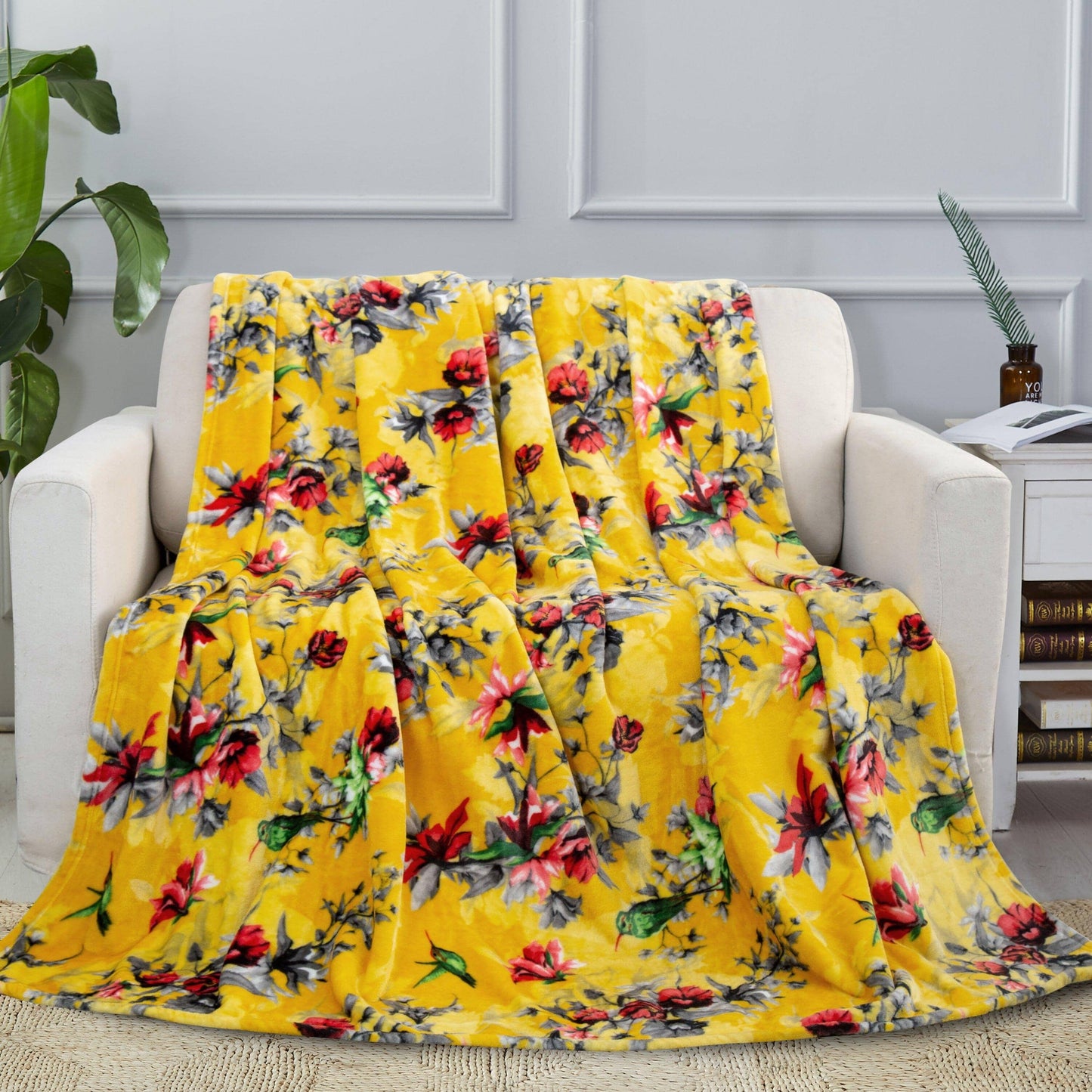 DaDa Bedding Yellow Farmhouse Rustic Spring Floral Hummingbirds Soft Fleece Throw Blanket (925) - - Throw Blankets