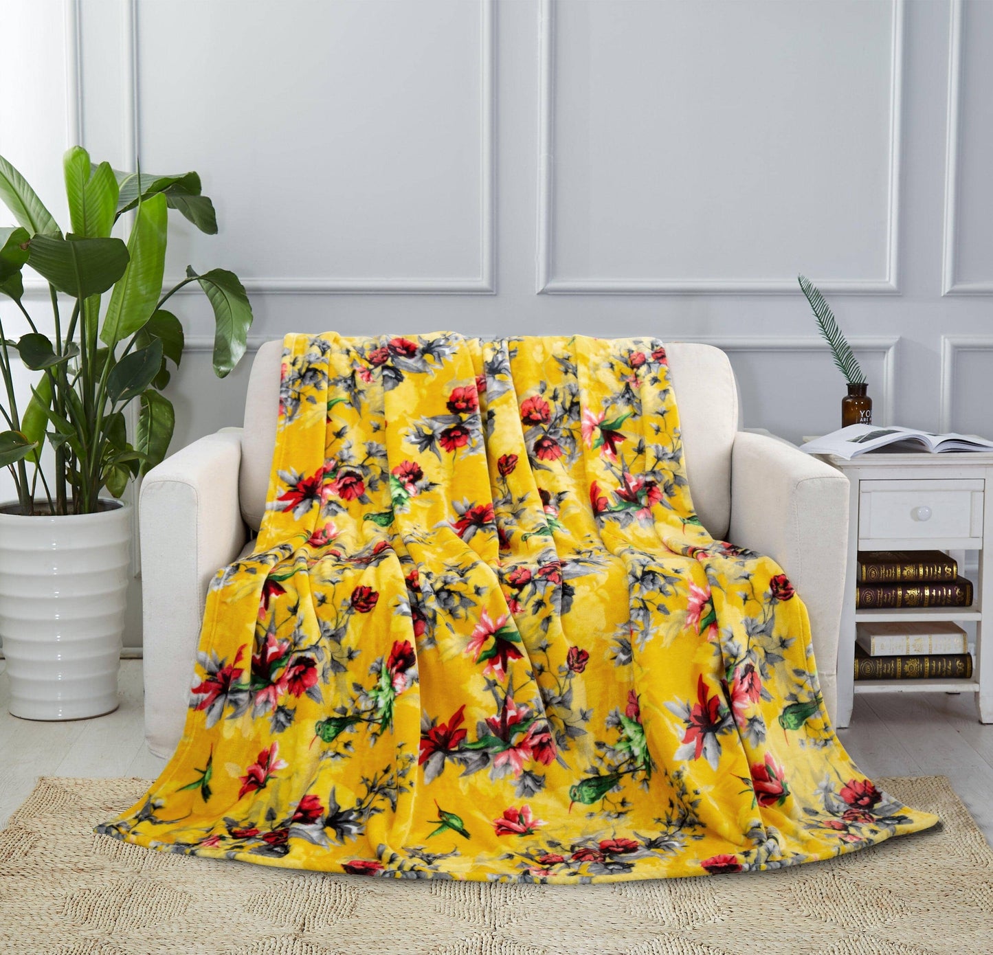 DaDa Bedding Yellow Farmhouse Rustic Spring Floral Hummingbirds Soft Fleece Throw Blanket (925) - - Throw Blankets