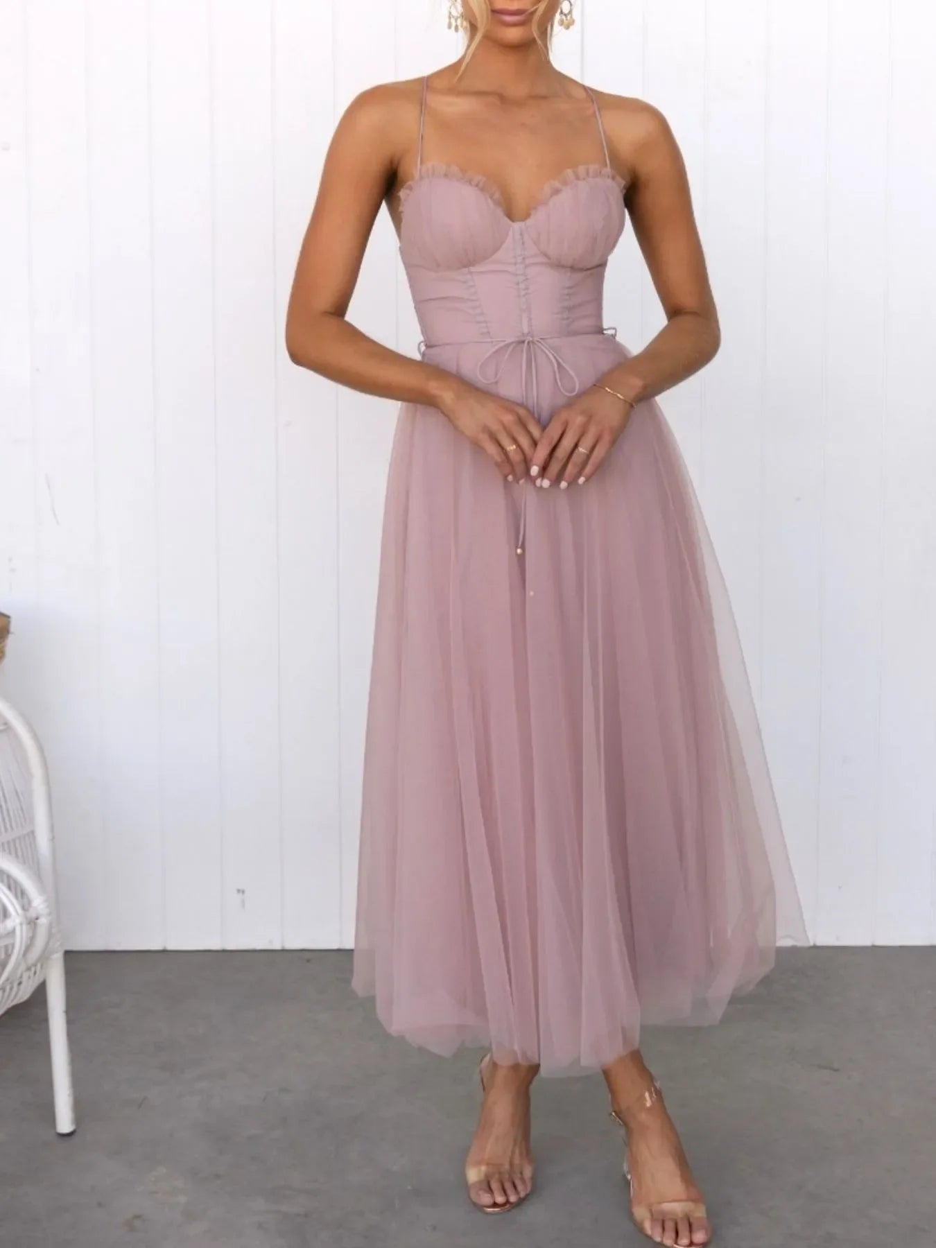 Sweetheart Neck Tulle Midi Dress - -