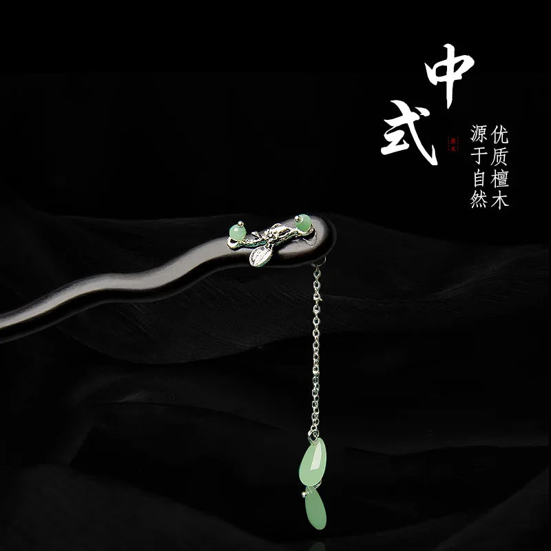 Vintage Jade Fringe Black Wood Hair Stick - - Hairpin