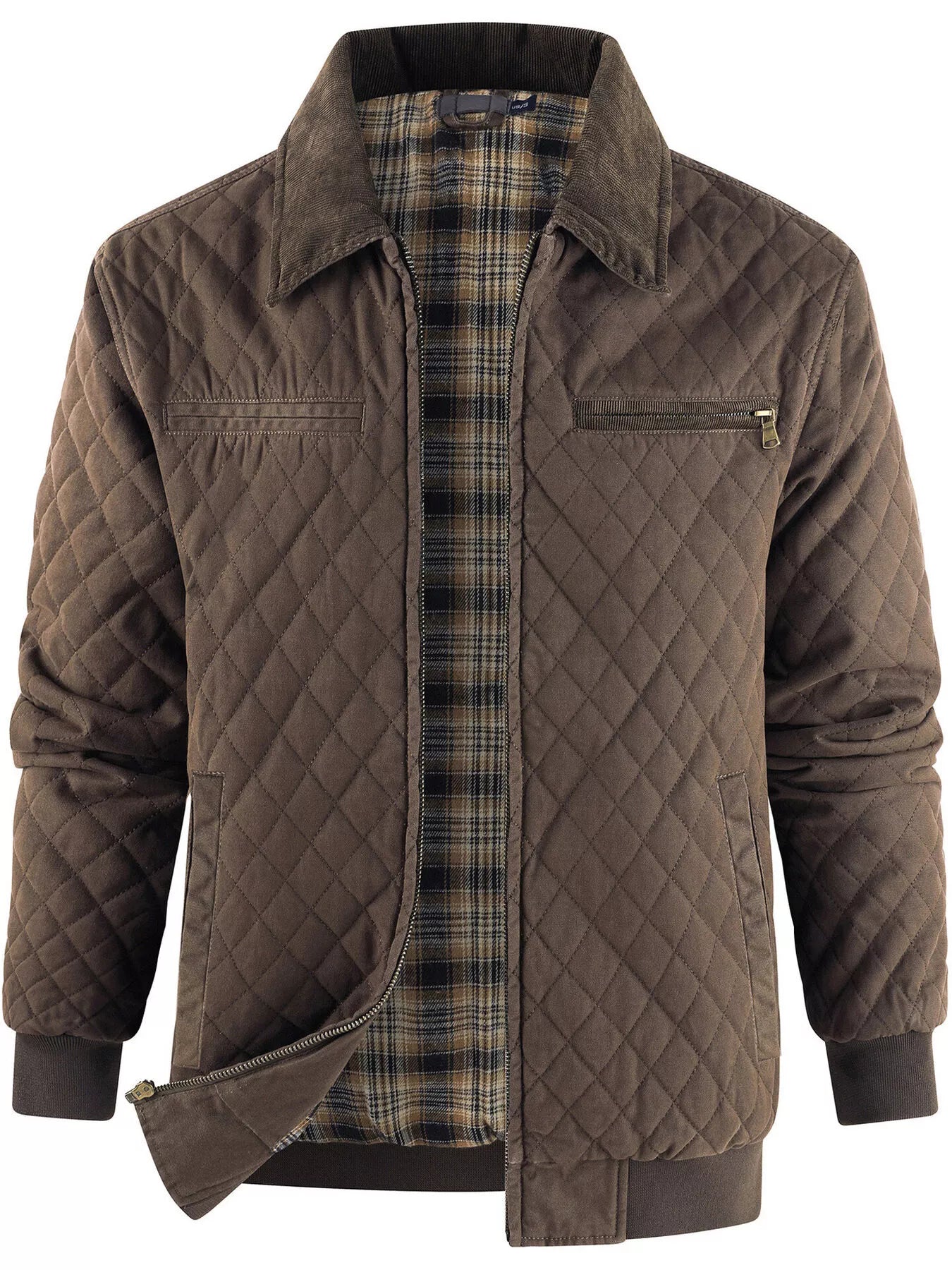 Men's Quilted Collared Neck Jacket with Plaid Lining - Brown -