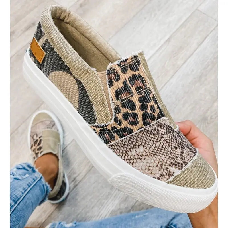 Ladies Casual Leopard PU Canvas Flat Shoes