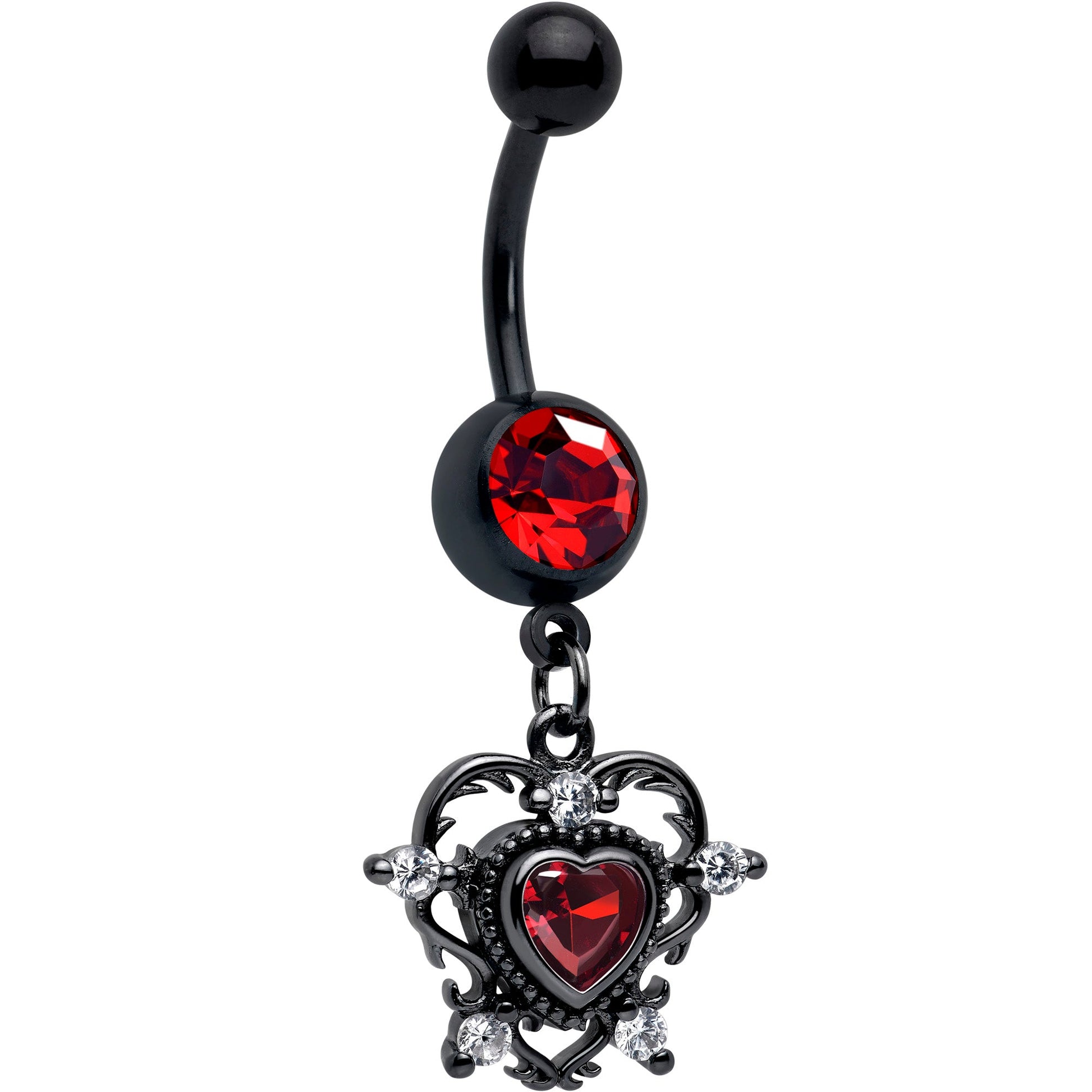 Red CZ Gem Black Double Heart Dangle Belly Ring - - BELLY RING Dangle
