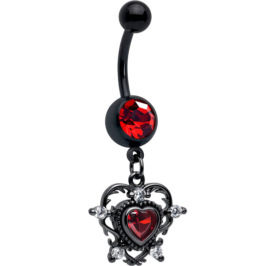 Red CZ Gem Black Double Heart Dangle Belly Ring - - BELLY RING Dangle