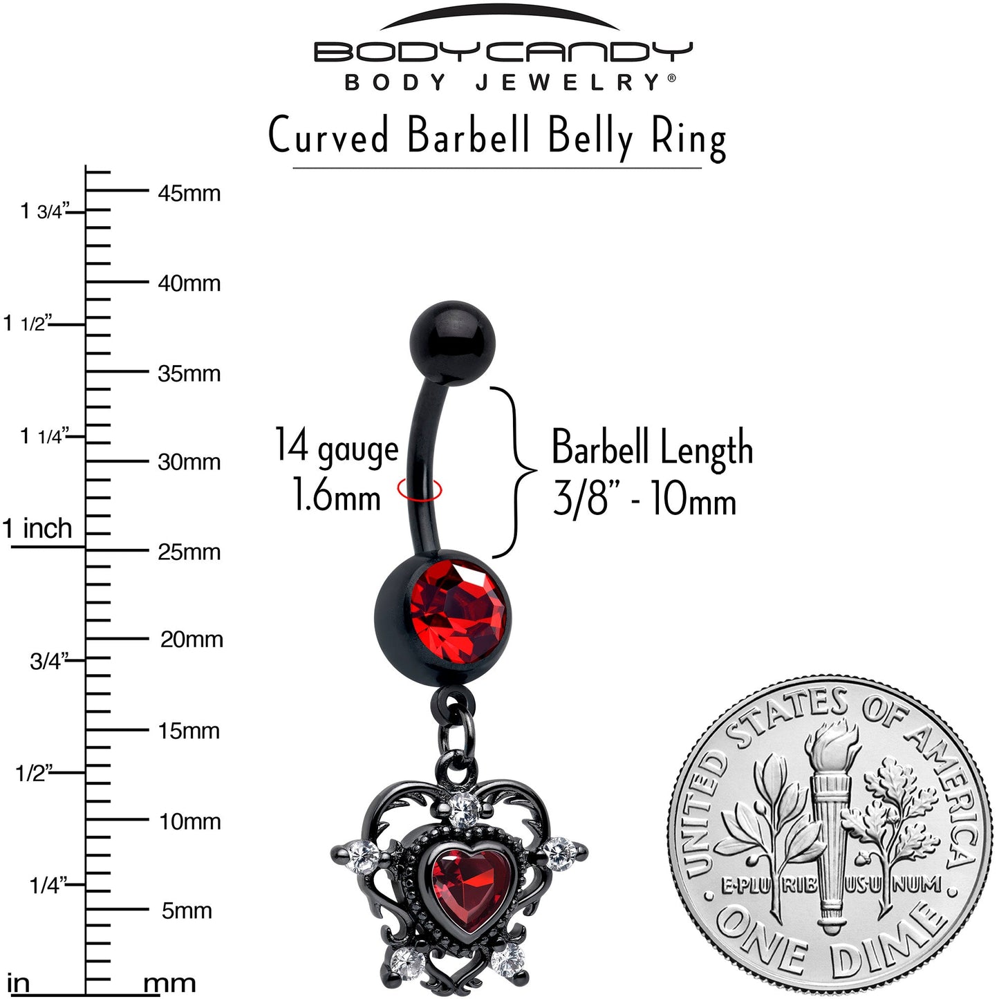 Red CZ Gem Black Double Heart Dangle Belly Ring - - BELLY RING Dangle