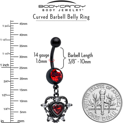Red CZ Gem Black Double Heart Dangle Belly Ring - - BELLY RING Dangle