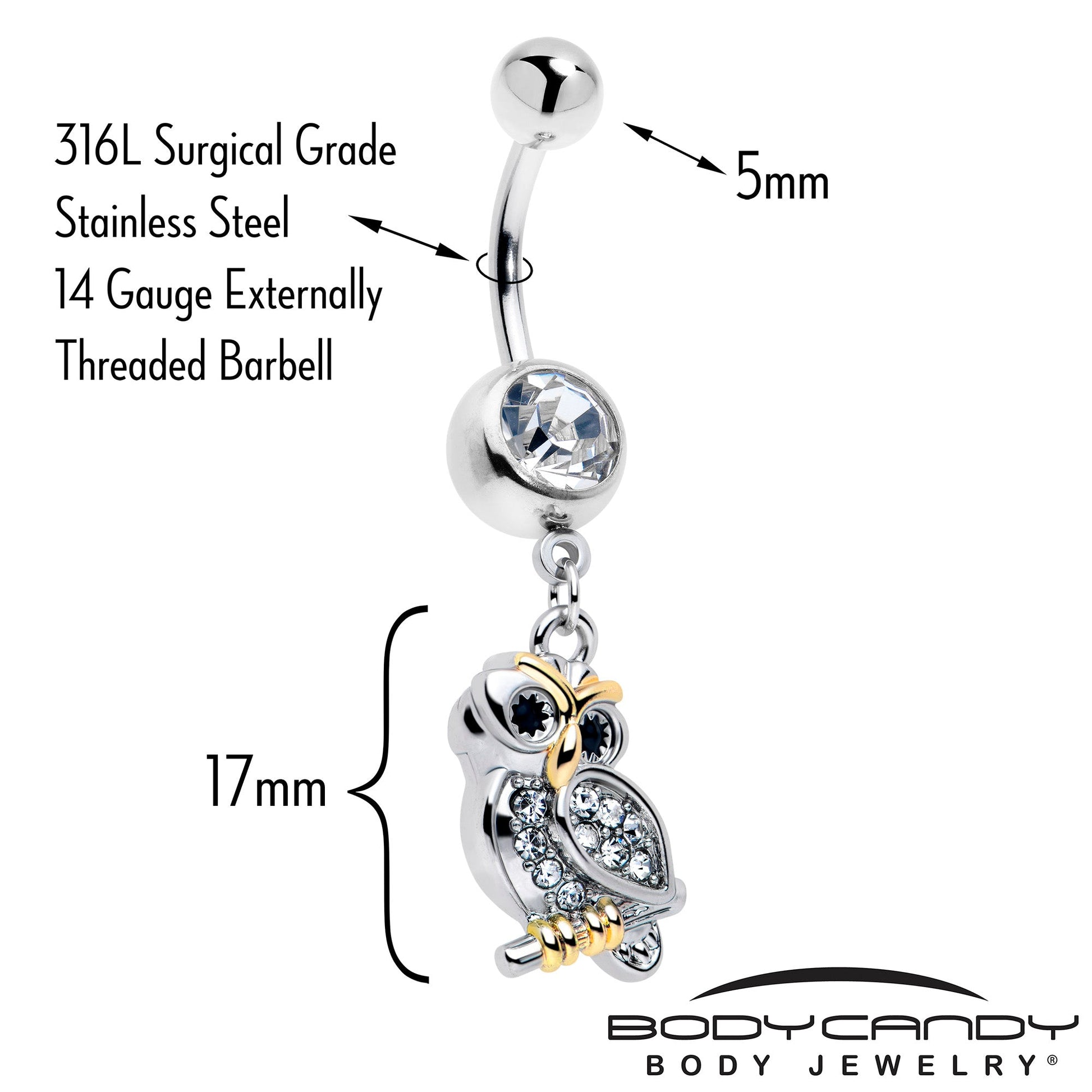 Clear Gem Evening Owl Dangle Belly Ring - - BELLY RING Dangle