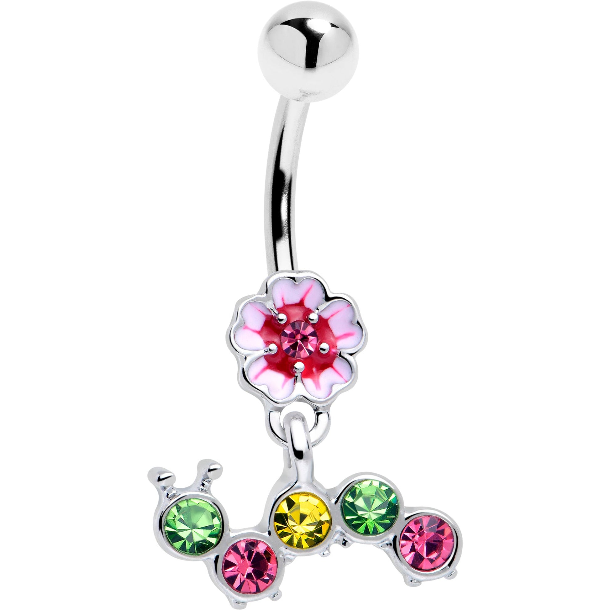 Pink Green Gem Caterpillar Flower Dangle Belly Ring - - BELLY RING Dangle