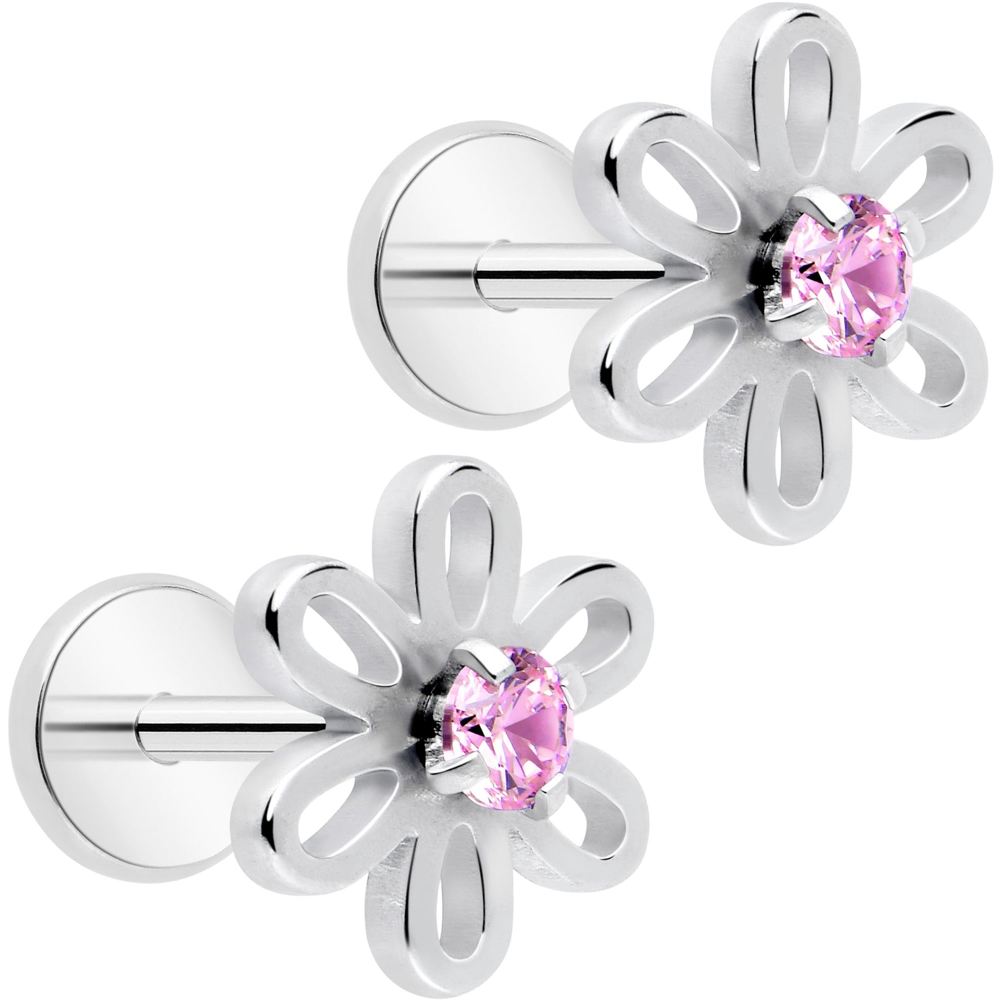 Pink CZ Gem Loopy Daisy Flat Back Stud Earrings - 1 Pair - - EARRING Flat Back