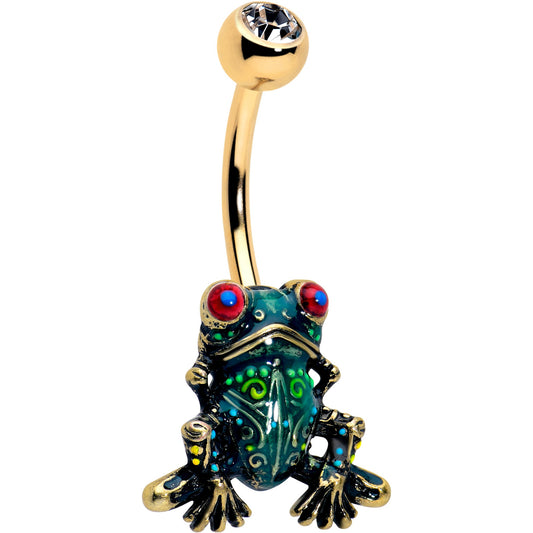 Clear CZ Gem Gold Tone Anodized Colorful Tree Frog Belly Ring - - BELLY RING