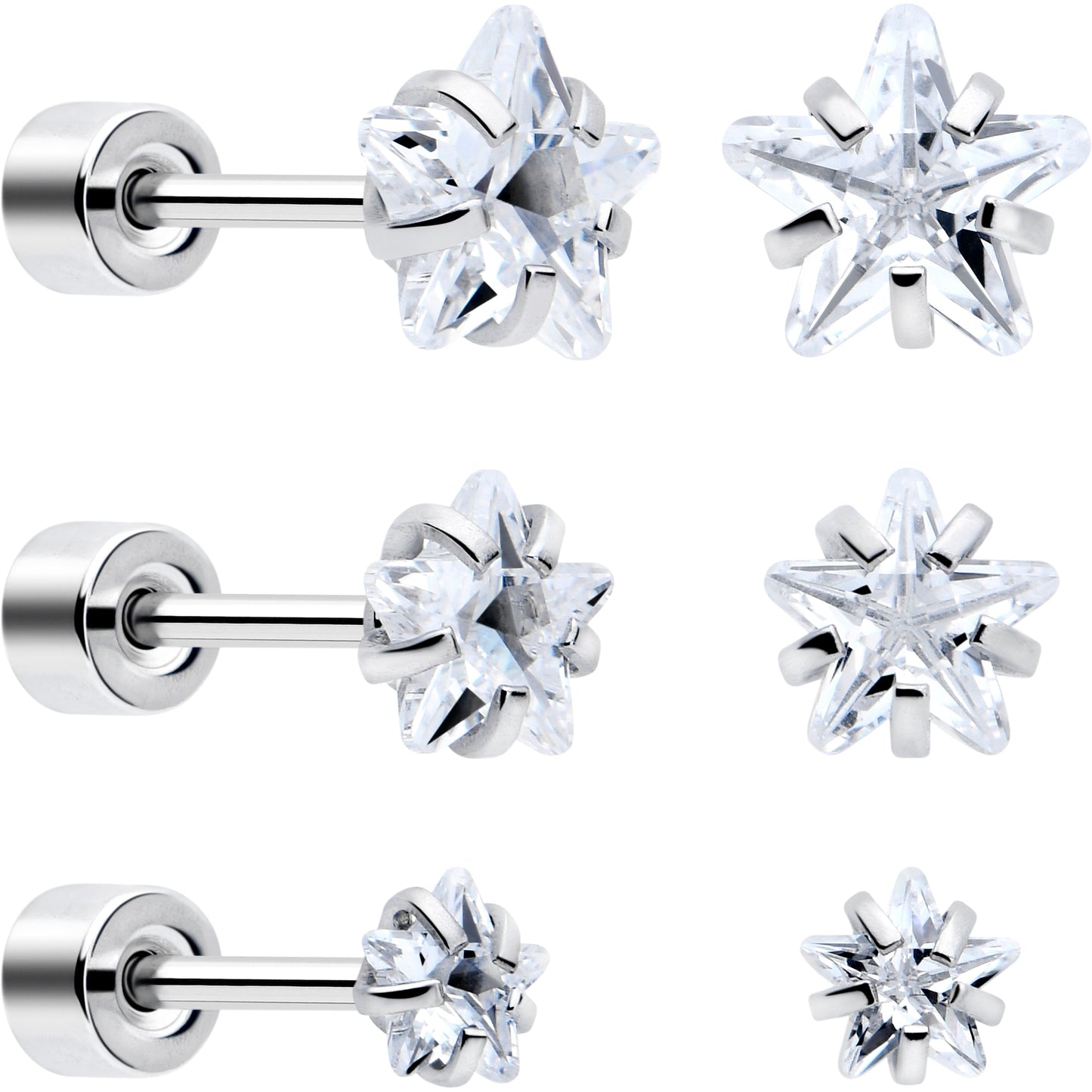 Clear Star CZ Flat Back Stud Earrings - 3 Pairs - - EARRING Flat Back