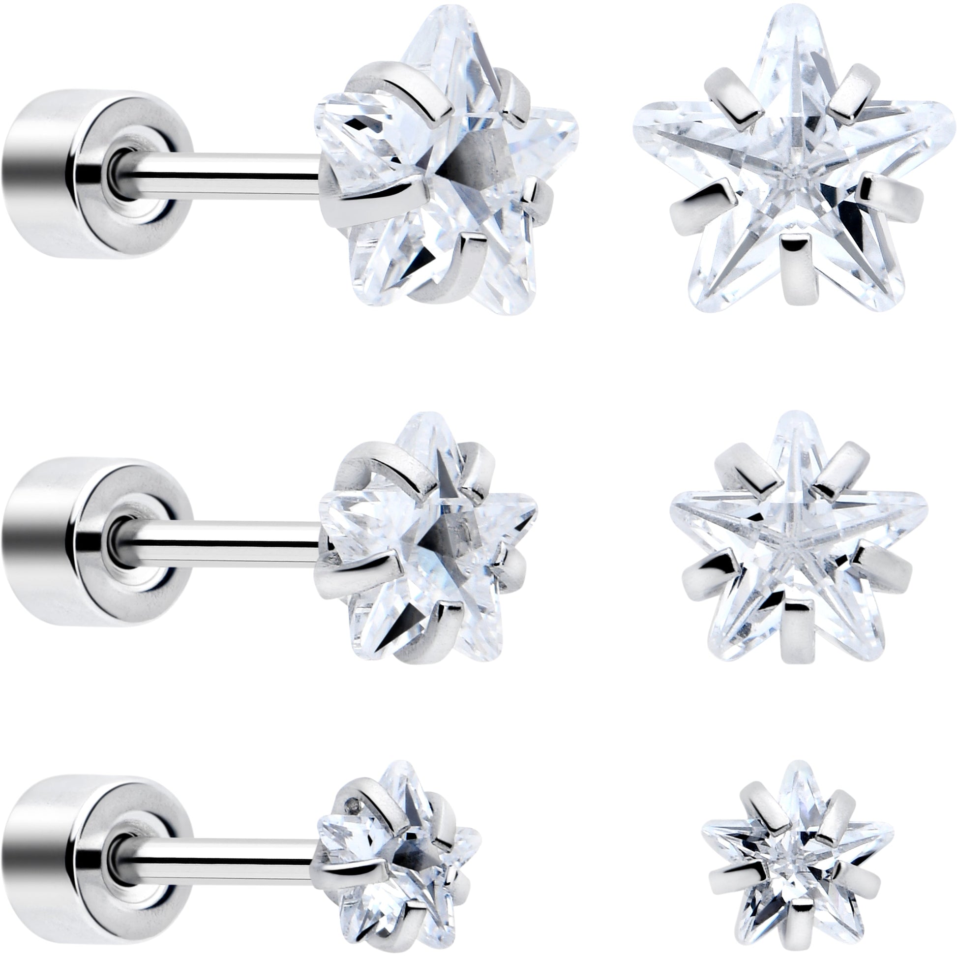 Clear Star CZ Flat Back Stud Earrings - 3 Pairs - - EARRING Flat Back