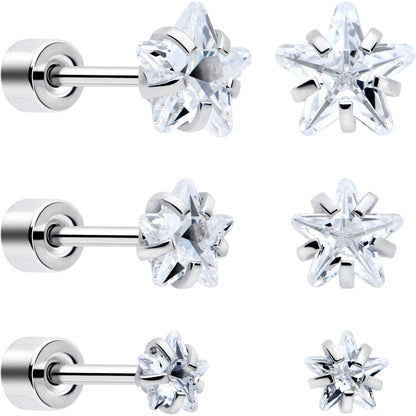 Clear Star CZ Flat Back Stud Earrings - 3 Pairs - - EARRING Flat Back