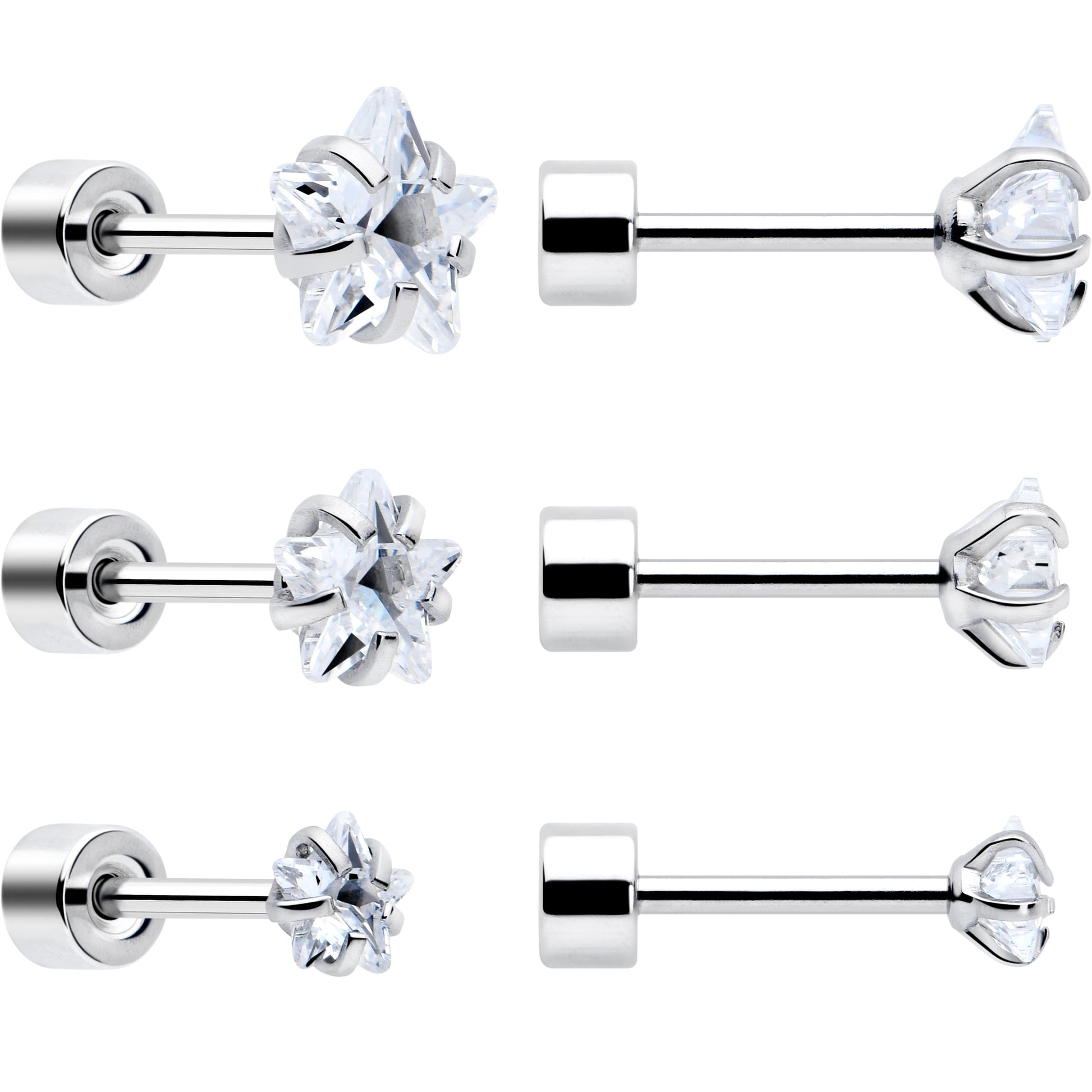 Clear Star CZ Flat Back Stud Earrings - 3 Pairs - - EARRING Flat Back