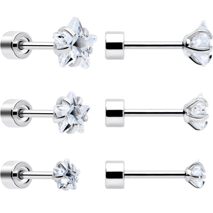 Clear Star CZ Flat Back Stud Earrings - 3 Pairs - - EARRING Flat Back