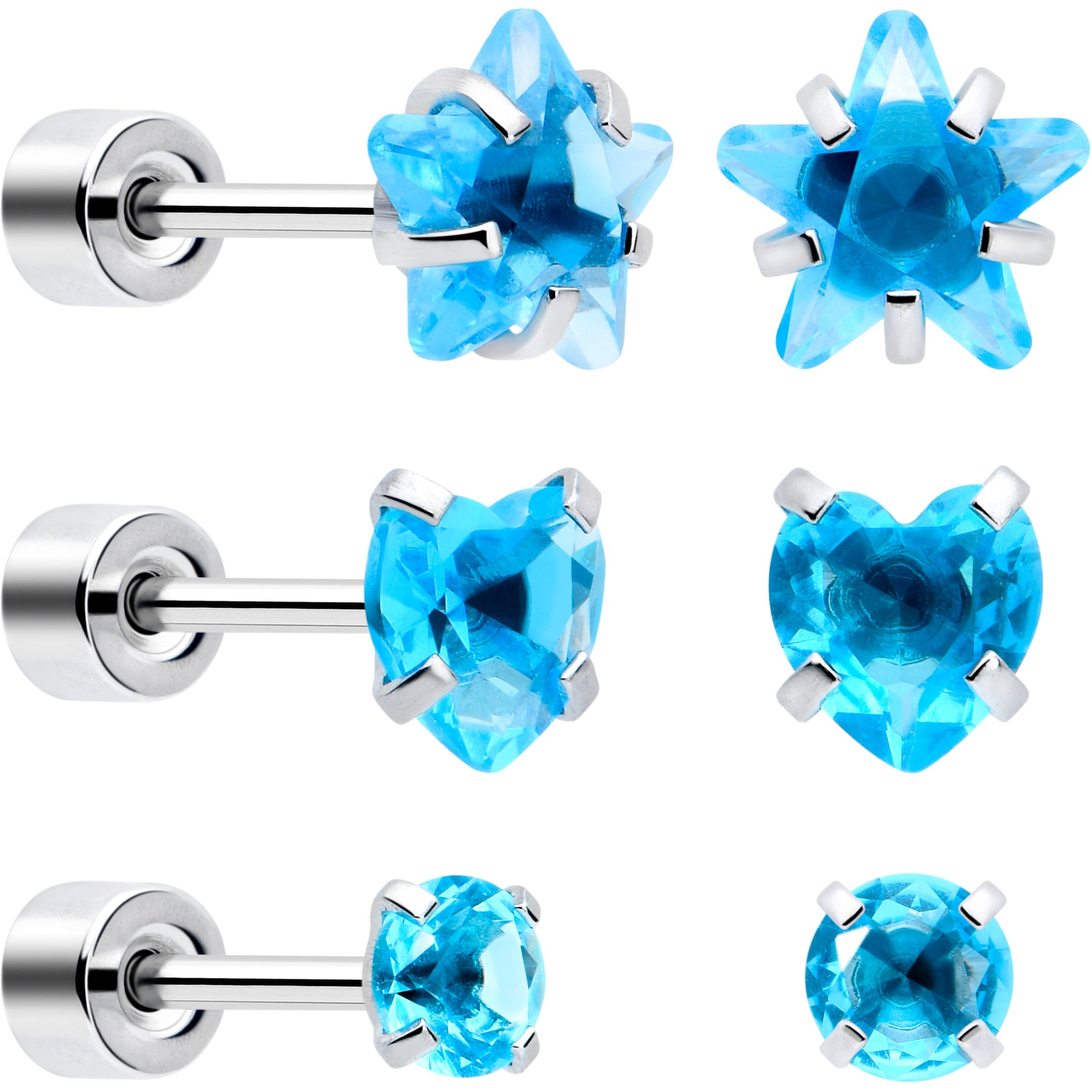 Blue Simplistic Heart Star CZ Flat Back Stud Earrings - 3 Pairs - - EARRING Flat Back