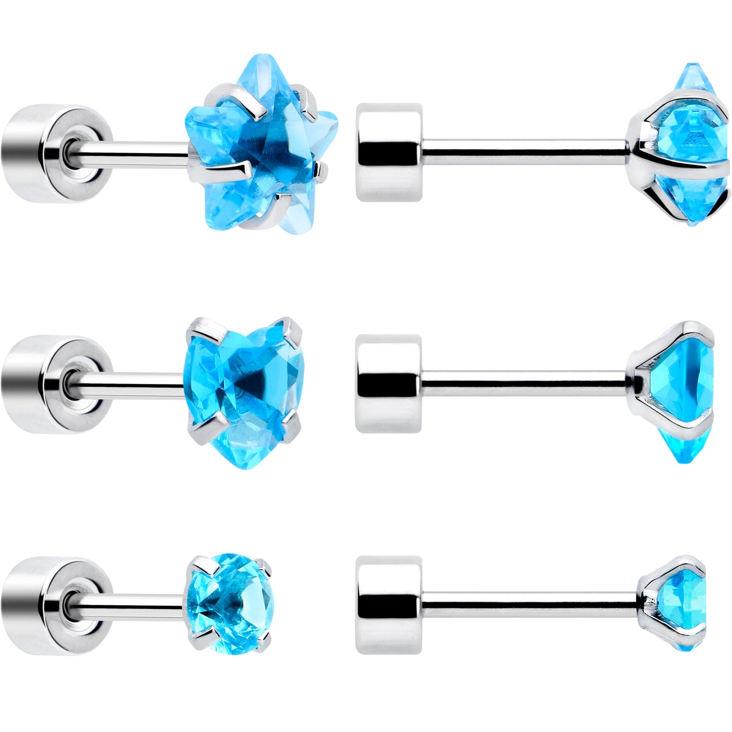 Blue Simplistic Heart Star CZ Flat Back Stud Earrings - 3 Pairs - - EARRING Flat Back