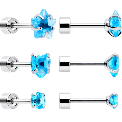 Blue Simplistic Heart Star CZ Flat Back Stud Earrings - 3 Pairs - - EARRING Flat Back