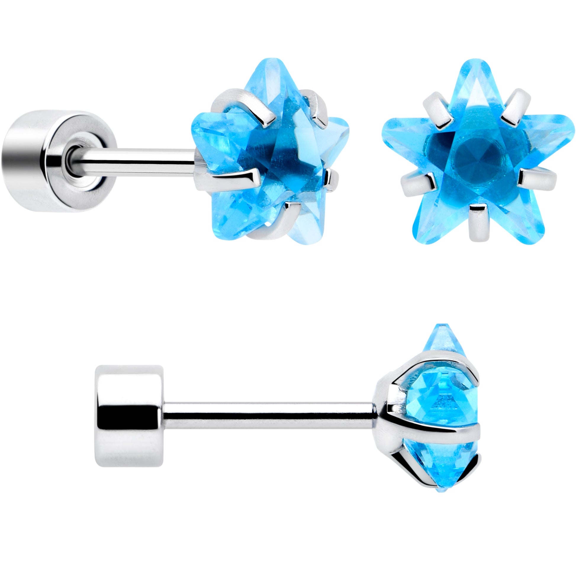 Blue Simplistic Heart Star CZ Flat Back Stud Earrings - 3 Pairs - - EARRING Flat Back