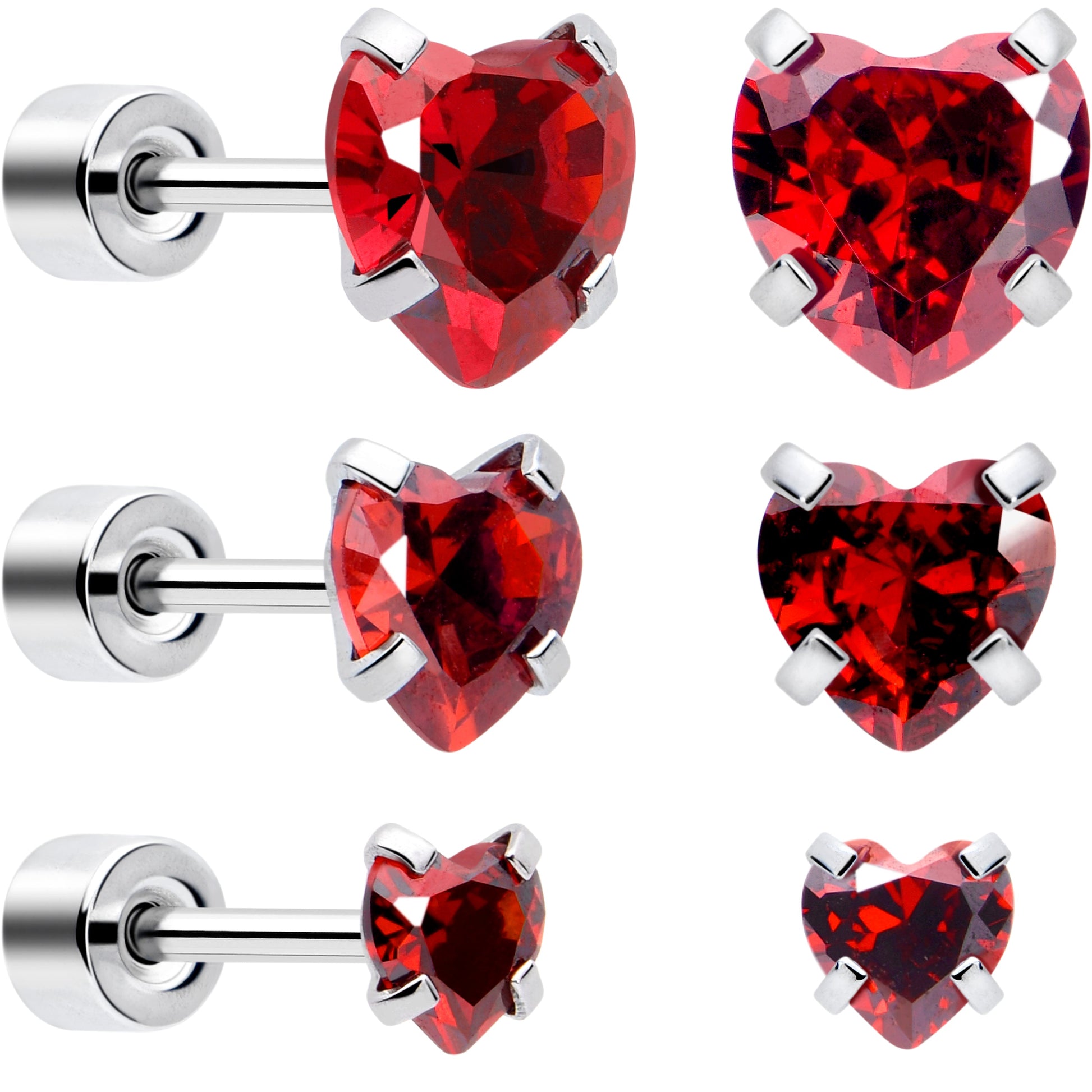 Red Heart CZ Flat Back Stud Earrings - 3 Pairs - - EARRING Flat Back