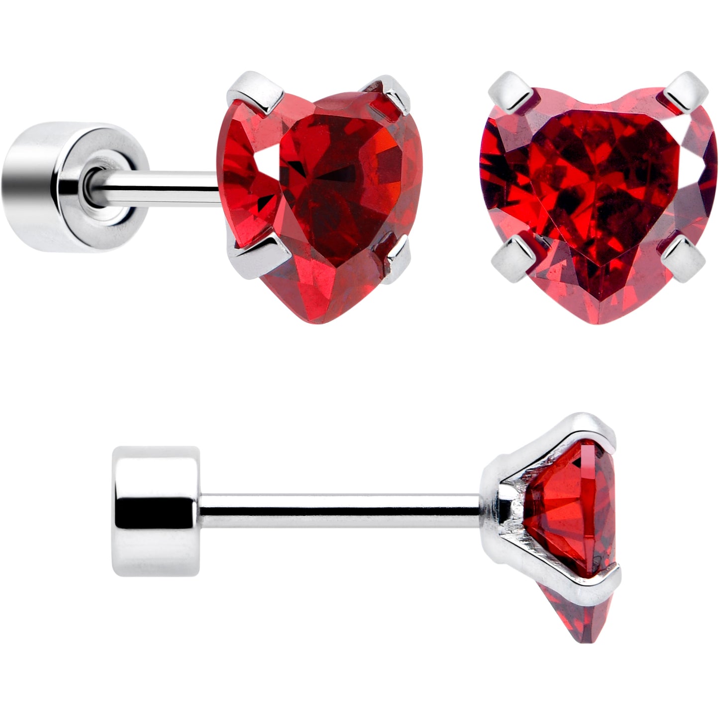 Red Heart CZ Flat Back Stud Earrings - 3 Pairs - - EARRING Flat Back
