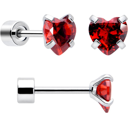 Red Heart CZ Flat Back Stud Earrings - 3 Pairs - - EARRING Flat Back