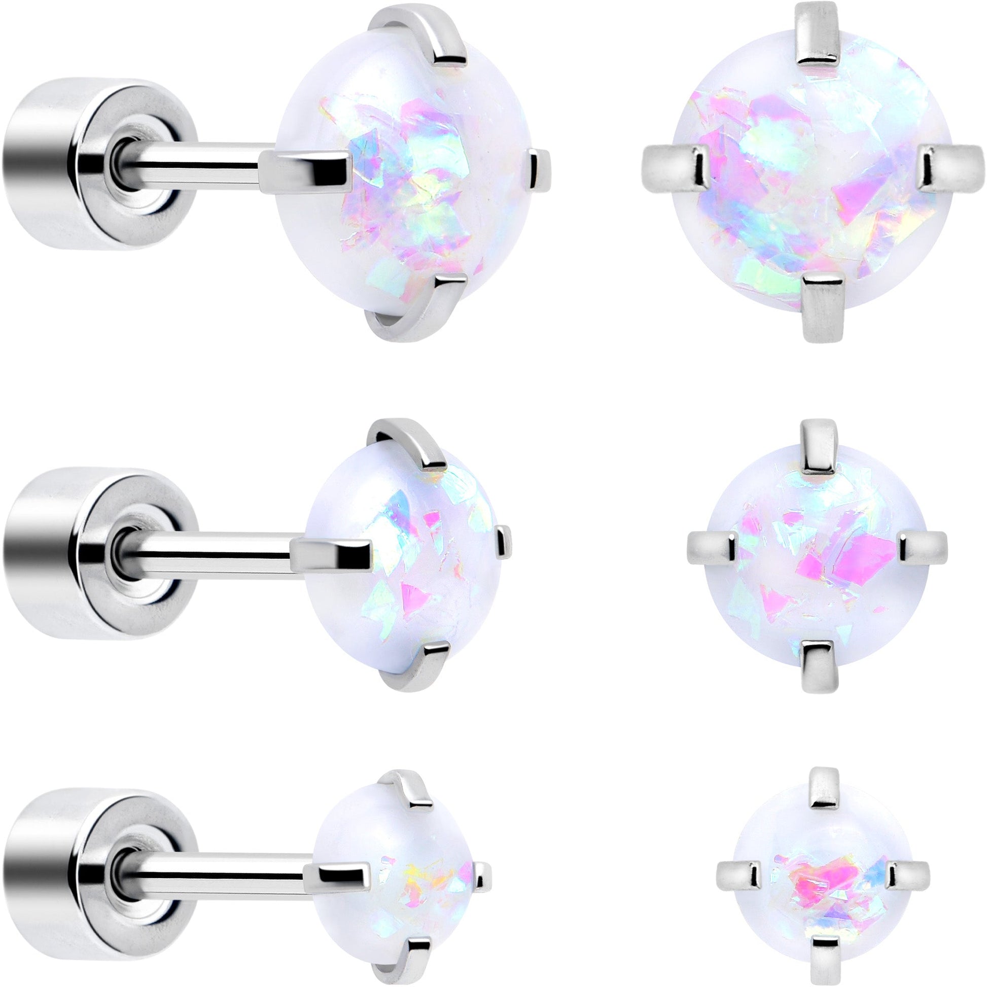 White Synthetic Opal Flat Back Stud Earrings - 3 Pairs - - EARRING Flat Back