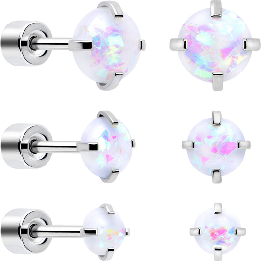 White Synthetic Opal Flat Back Stud Earrings - 3 Pairs - - EARRING Flat Back