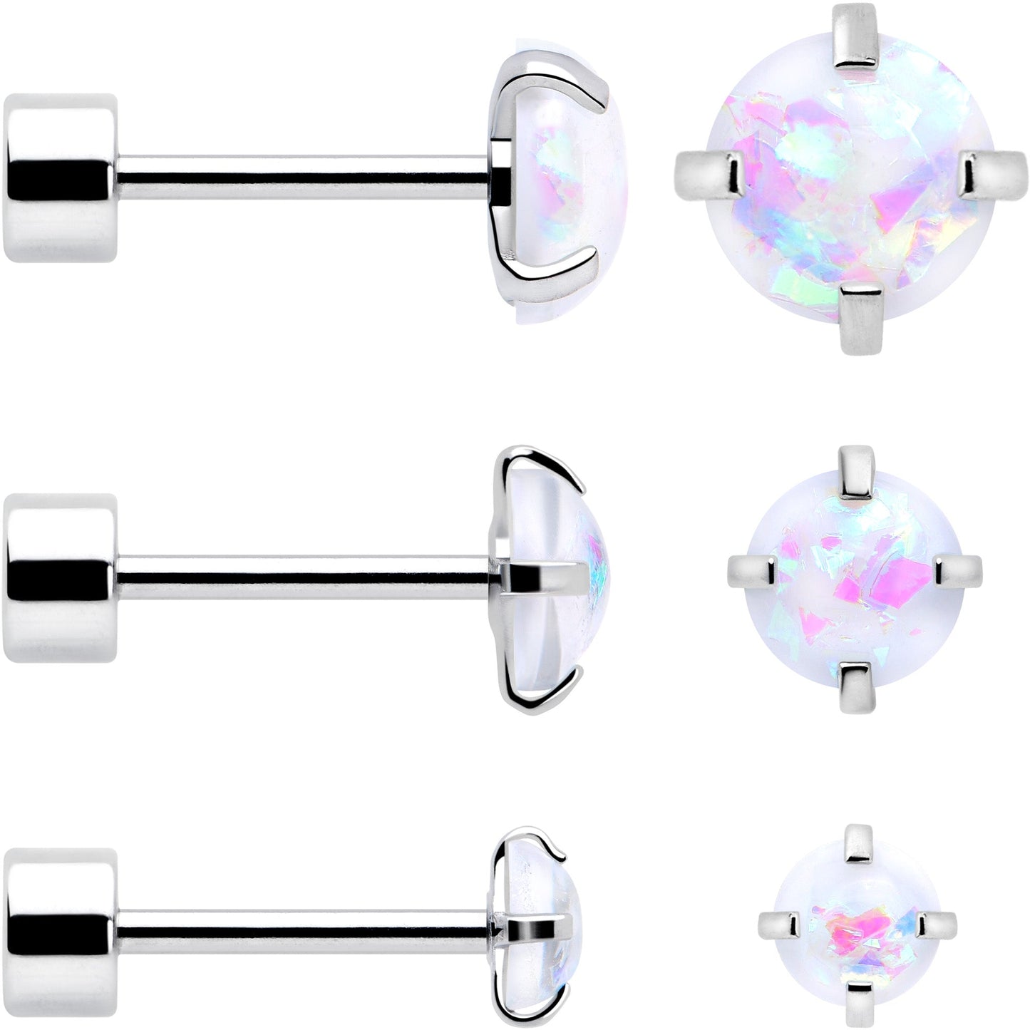 White Synthetic Opal Flat Back Stud Earrings - 3 Pairs - - EARRING Flat Back