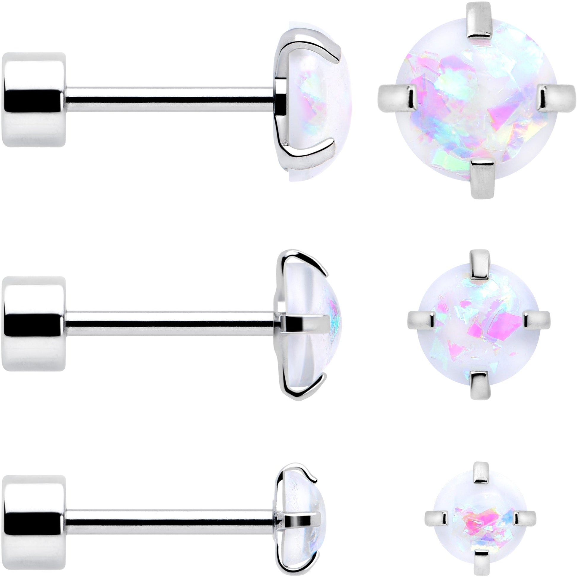 White Synthetic Opal Flat Back Stud Earrings - 3 Pairs - - EARRING Flat Back