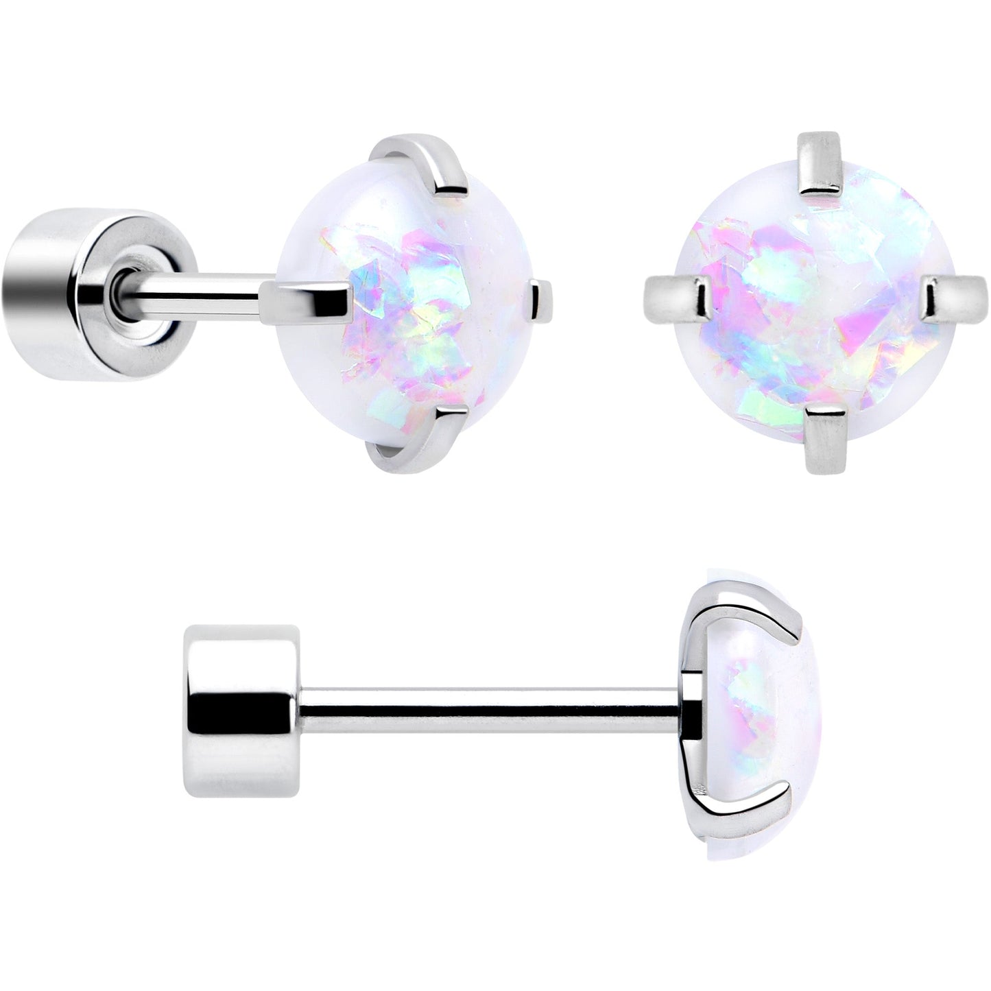 White Synthetic Opal Flat Back Stud Earrings - 3 Pairs - - EARRING Flat Back