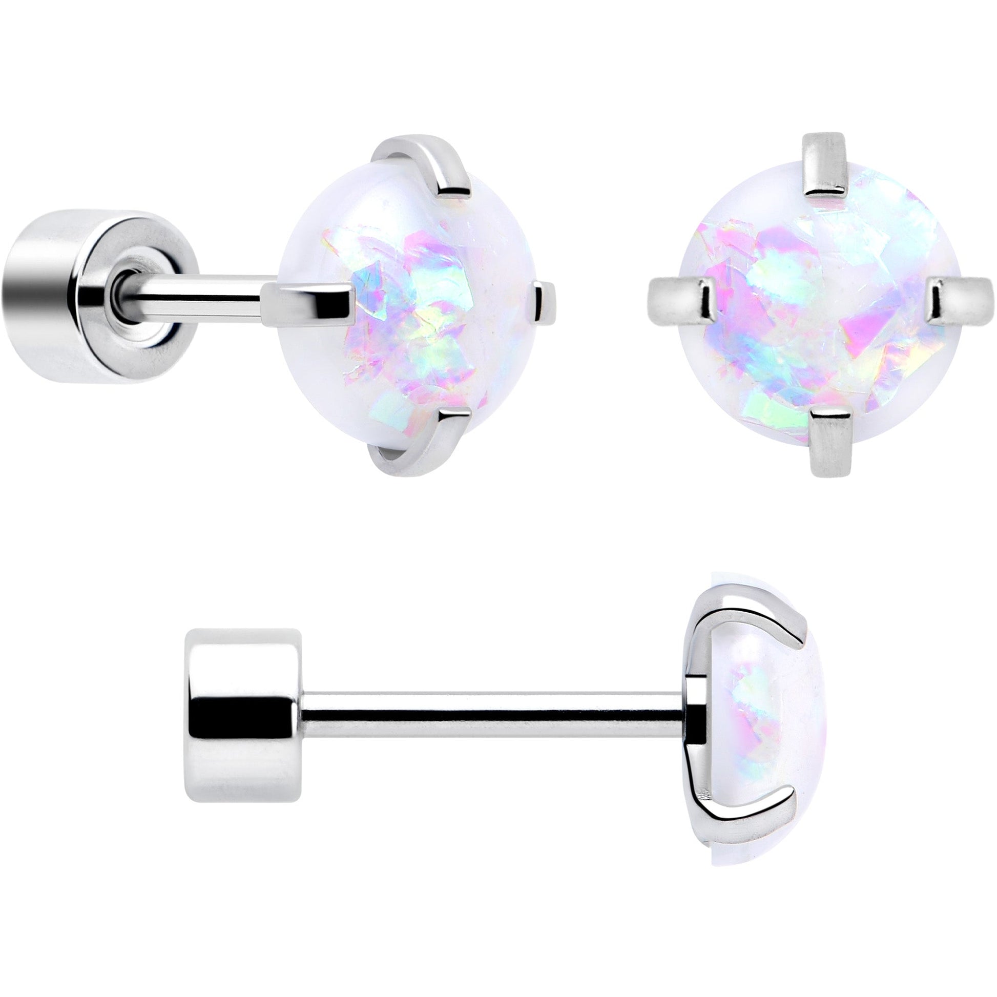 White Synthetic Opal Flat Back Stud Earrings - 3 Pairs - - EARRING Flat Back