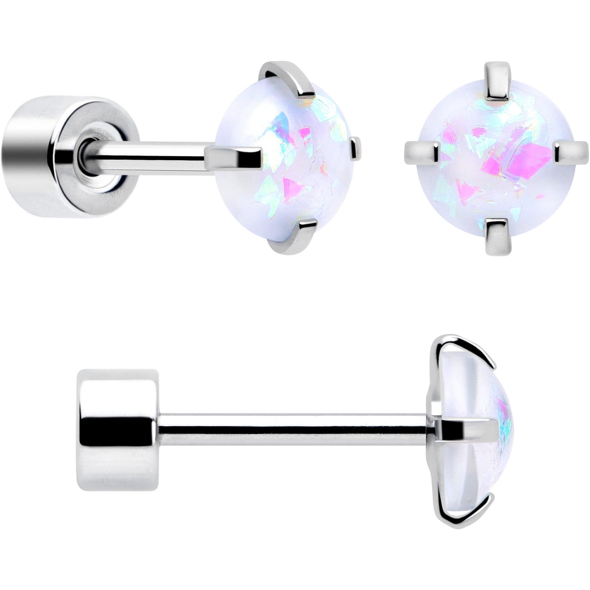 White Synthetic Opal Flat Back Stud Earrings - 3 Pairs - - EARRING Flat Back