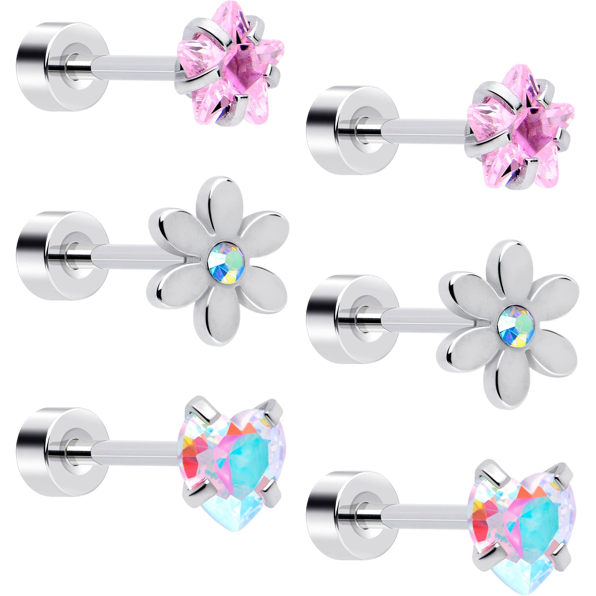 20G Pink Aurora Gem Star Heart Flower Flatback Earring Set of 6 - - EARRING Flat Back